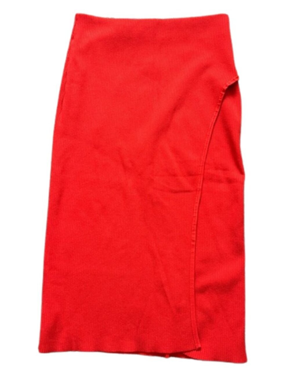 Express Women’s Orange-Red Ribbed Midi Body Contour Skirt with Side Slit -Size M